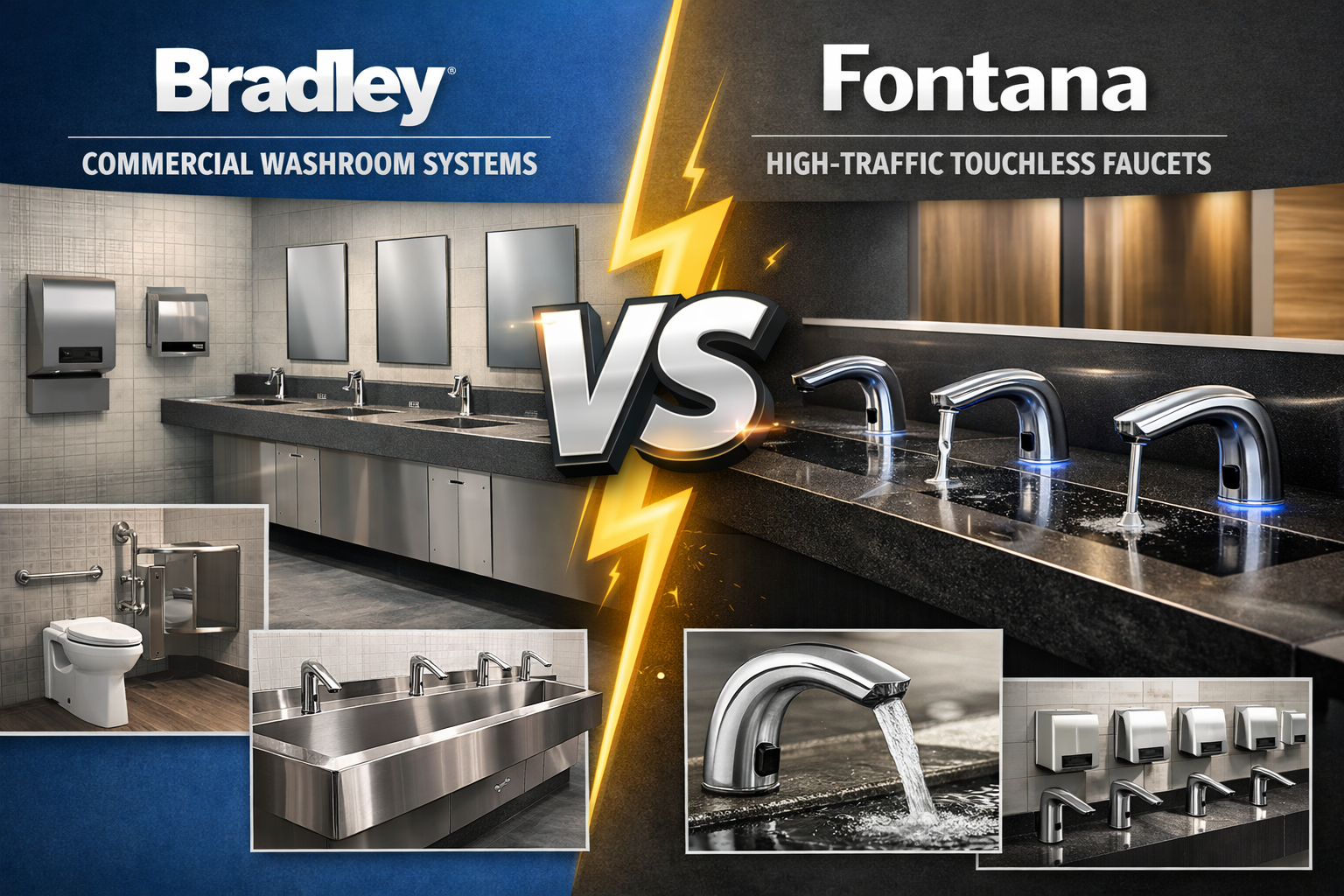 Bradley commercial washroom systems versus Fontana high-traffic touchless faucets
